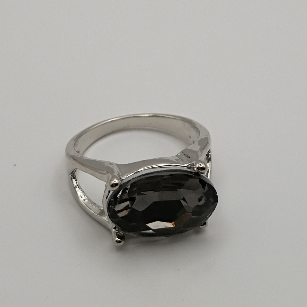 Women's Silver Plated Black Crystal Statement Ring Size 6.5